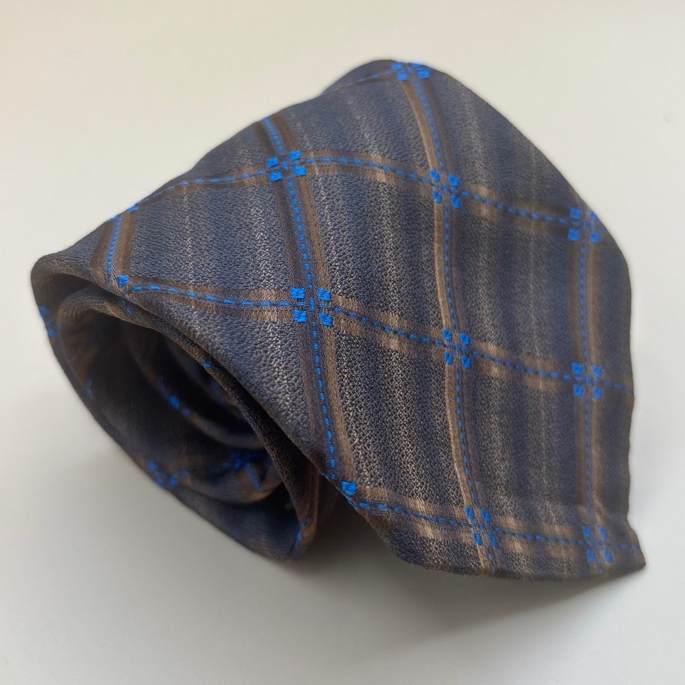 Pal Zileri Silk Tie Mens Brown Blue Windowpane Excellent Dark Academia